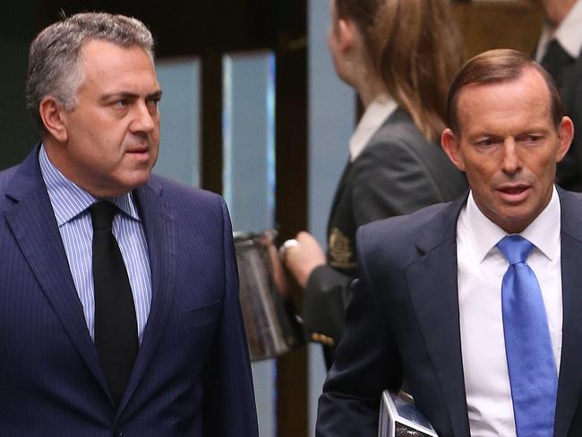 Question Time in the House of Representatives in Parliament House in Canberra 27th March 2014. The Prime Minister Tony Abbott with The Treasurer Joe Hockey, enter the chamber for Question Time in the House of Representatives in Parliament House Canberra.