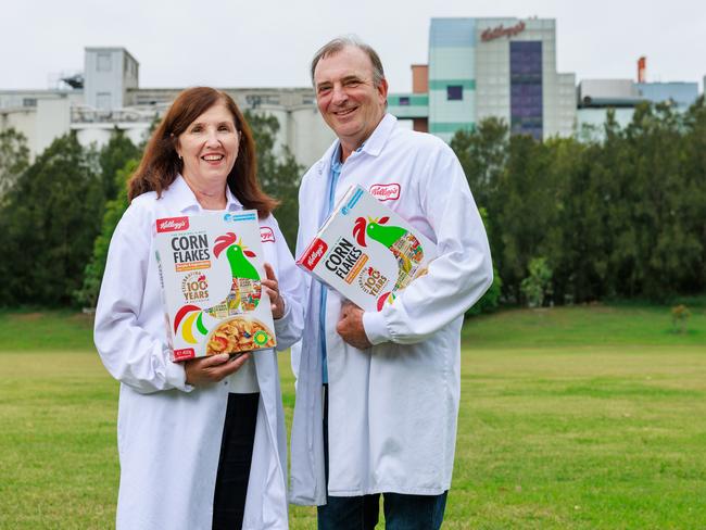 Daily Telegraph. 15, February, 2024.Kellogg's turns 100 in Australia.Leanne Batcheldor and Chris Stevens at the Kellogg's factory, in Mascot, today.They met at the factory in 1985 and still work for the brand to this day.Picture: Justin Lloyd.