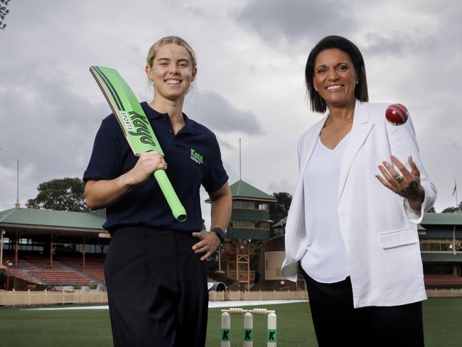 Phoebe Litchfield (L) and commentator Mel Jones launch the T20 World Cup. Picture: Supplied.