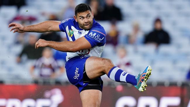 SYDNEY, AUSTRALIA - AUGUST 02: Rhyse Martin of the Bulldogs kicks for goal during the round 21 NRL match between the Canterbury Bulldogs and the Brisbane Broncos at ANZ Stadium on August 2, 2018 in Sydney, Australia. (Photo by Cameron Spencer/Getty Images)