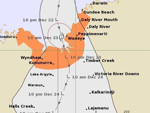 Possible tropical cyclone developing Friday morning before crossing the coast near the NT/WA border. As at Thursday, 12.09pm December 22, 2022. Picture: BoM