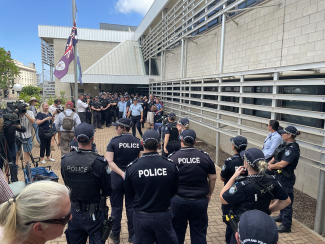 Townsville police gather for memorial after two officers were killed in the line of duty. Picture: Leighton Smith.