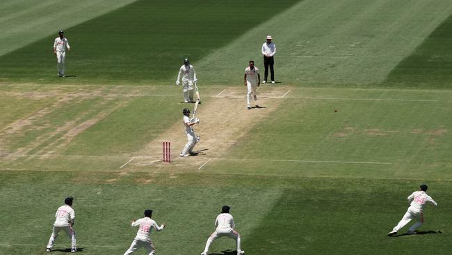 Steve Smith fends a rising delivery from India’s Prasidh Krishna to gully, where he was caught one short of his 10,000 career runs. Picture: Getty Images