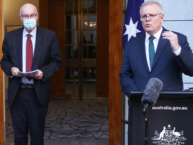 CANBERRA, AUSTRALIA - NewsWire Photos, AUGUST 09 2021: Prime Minister Scott Morrison with Greg Hunt and Professor John Skerritt during a press conference at Australian Parliament House, Canberra. Picture: NCA NewsWire / Gary Ramage