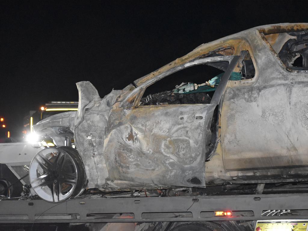 A ute involved in a Bruce Highway collision north of Koumala on February 3, 2022, caught on fire after impact. Picture: Lillian Watkins