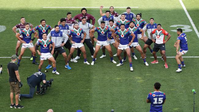 Warriors players perform the Haka for retiring teammate Adam Blair. Picture: Getty Images