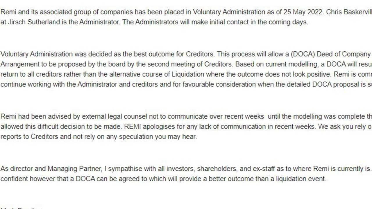 The email sent to shareholders after the company went into voluntary administration.