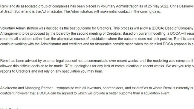 The email sent to shareholders after the company went into voluntary administration.