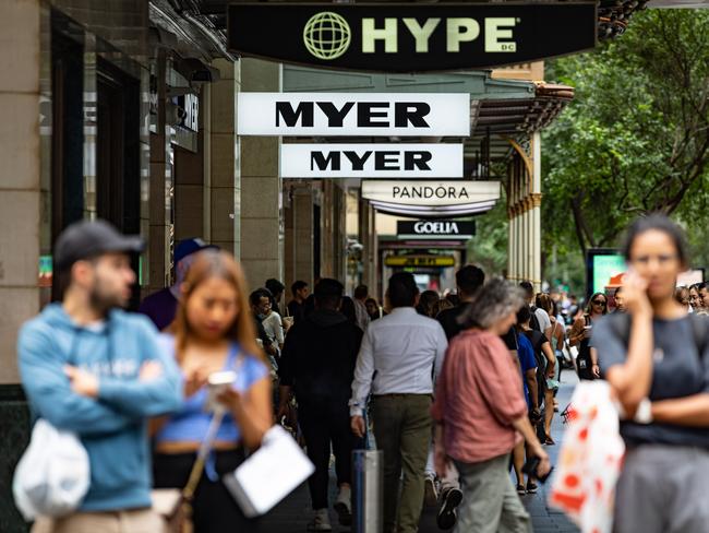 Business Finance Generics. Retail, Shoppers at Myer Store Sydney. Pitt St Mall Sydney Store. Picture - ChrisPavlich/The Australian