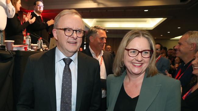 Prime Minister Anthony Albanese and Victorian Premier Jacinta Allan arrive at the Victorian Labor Party conference at Moonee Valley Racecourse. Picture: David Crosling