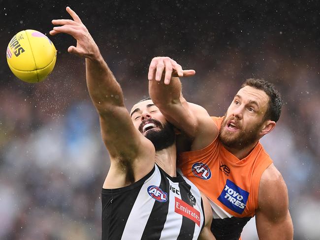 Shane Mumford’s final quarter efforts against Collingwood in the 2019 preliminary final got GWS into the decider. Picture: Quinn Rooney/Getty Images