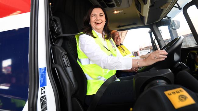 Queensland Premier Annastacia Palaszczuk in a truck at the Port of Brisbane on Tuesday. Picture: Dan Peled