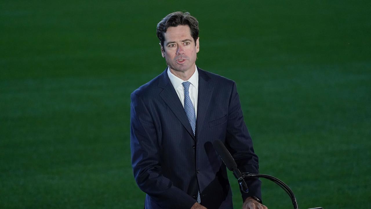 AFL CEO Gillon McLachlan speaks to media during a press conference at Marvel Stadium in Melbourne, Friday, May 15, 2020. The AFL will restart the season on June 11. (AAP Image/Michael Dodge) NO ARCHIVING