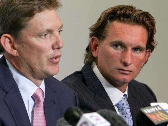05/02/2013 NEWS: Essendon Football club talk to the press reguarding drug issues at Windy Hill during the 2012 season. L to r - Ian Robson (CEO), David Evans (Chairman) and James Hird (Snr coach)