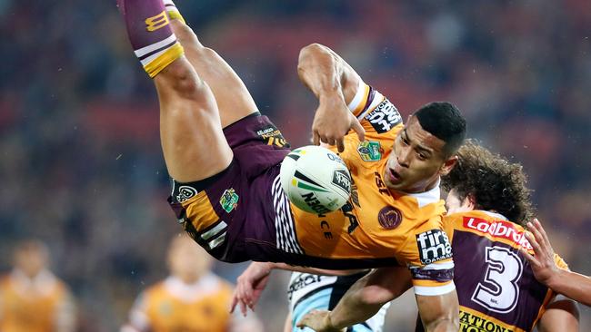 Jamayne Isaako gets vertical last night after jumping for a high ball. Picture: Getty