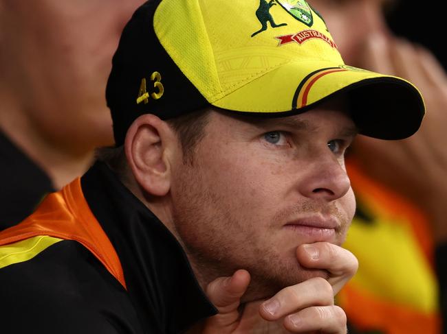 PERTH, AUSTRALIA - OCTOBER 25: Steve Smith of Australia looks on from the dug out during the ICC Men's T20 World Cup match between Australia and Sri Lanka at Perth Stadium on October 25, 2022 in Perth, Australia. (Photo by Paul Kane/Getty Images)