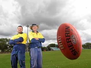 OVAL OFFICE: Lismore City Council sports team leader Craig Goldmsith and sports groundsman Malcolm Saunderson at Oakes Oval which they have prepared for the inaugural Lismore AFL match between the Sydney Swans and the Gold Coast Suns on March 10. Picture: Marc Stapelberg