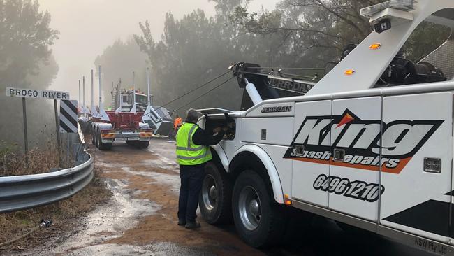 Damage resulting from a crash on Brogo Bridge has “compromised” the bridge and would require major work to repair. Picture: FRNSW Eden