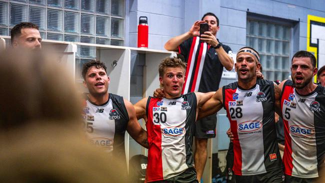 Southern Districts celebrate their win against the Nightcliff Tigers in the 2024-25 NTFL semi-final. Picture: Patch Clapp / AFLNT Media