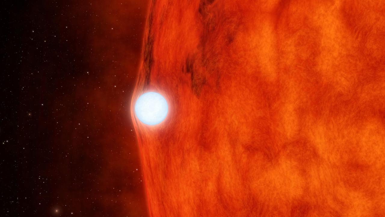 This animation shows an ultra-dense dead star, called a white dwarf, passing in front of a small red star. Picture: AFP Photo/NASA/JPL-Caltech