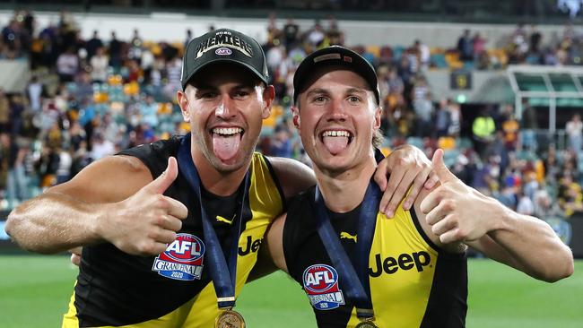 Richmond’s Jack Graham and Liam Baker celebrate the 2020 Grand Final win. Picture: Sarah Reed