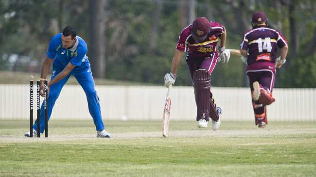 Nathan Reardon of Bulls Masters is safe from Tony Caccaviello of Australian Country XI in Australian Country Cricket Championships exhibition match at Heritage Oval, Sunday, January 5, 2020. Picture: Kevin Farmer