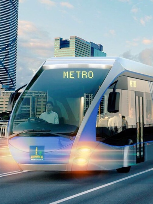 An artist's impression of a Brisbane Metro vehicle travelling across Victoria Bridge.