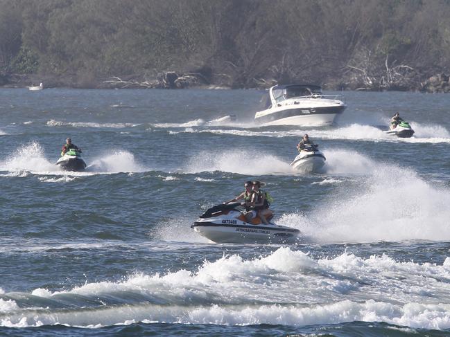 Jetskis everywhere on the Broadwater near the Seaway. Picture Glenn Hampson