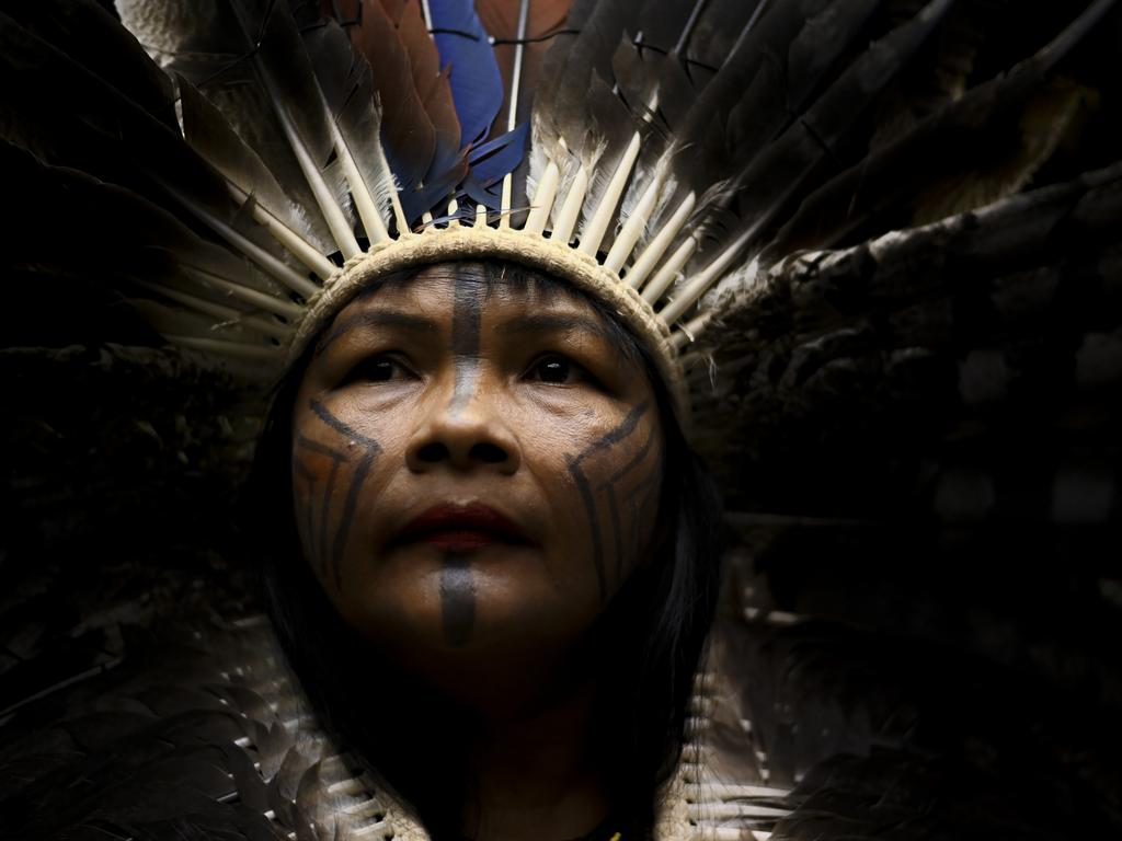 An indigenous representative takes part in the plenary session as indigenous groups gather for Terra Livre at the Brazilian National Congress to demand the protection of indigenous people's rights. Picture: Ton Molina/Getty Images