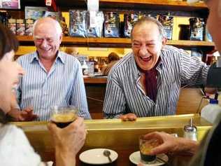 Sisto Malaspina (right) and his business partner Nino Pangrazio at their cafe Pellegrini's on Bourke St. Mr Malaspina died in the recent attack, which saw the heroics of Melbourne's "trolley man”. Picture: File