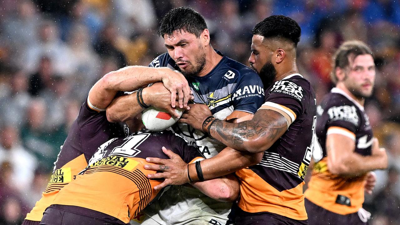 Jordan McLean is tackled during round 2. (Photo by Bradley Kanaris/Getty Images)