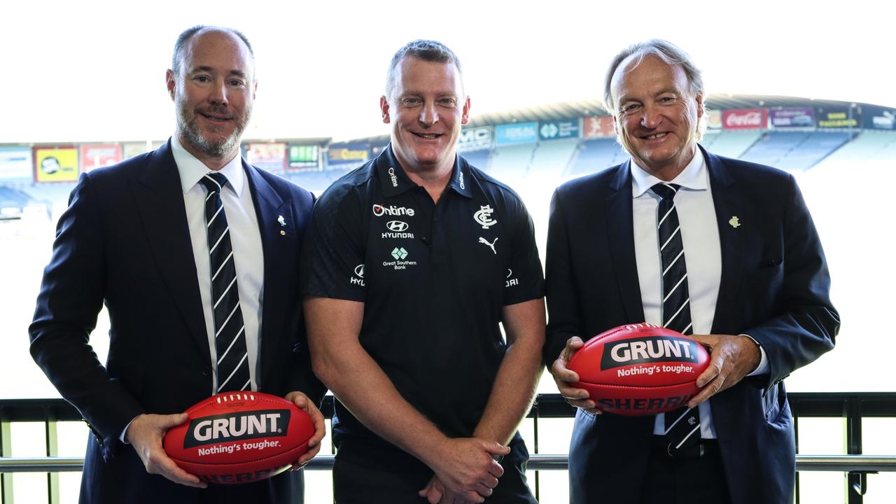 Carlton president Luke Sayers (from left), coach Michael Voss and chief executive Brian Cook.