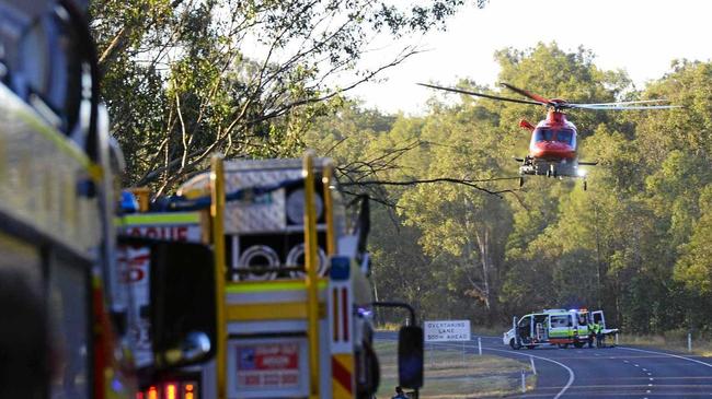 A single vehicle crash off a bridge on the Brisbane Valley Highway at Wanora. Picture: David Nielsen