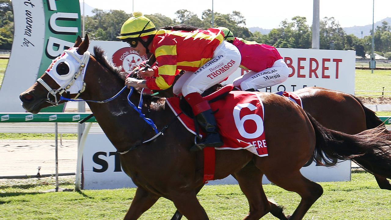 Mission Road, ridden by Bonnie Thomson, wins Race 1 at the Cairns Jockey Club, Cannon Park, Woree. PICTURE: BRENDAN RADKE.