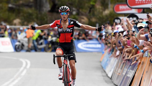 Australian rider Richie Porte of team BMC Racing celebrates winning stage five of the Tour Down Under from McLaren Vale to Willunga Hill, South Australia, Saturday, January 20, 2018. (AAP Image/Dan Peled) NO ARCHIVING, EDITORIAL USE ONLY