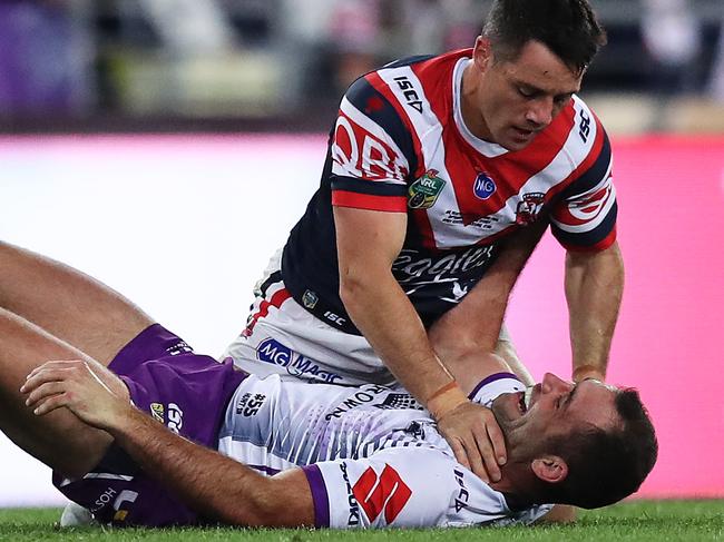 Cooper Cronk and Cameron Smith during the 2018 NRL Grand Final between the Sydney Roosters and Melbourne Storm at ANZ Stadium, Sydney. Picture: Brett Costello