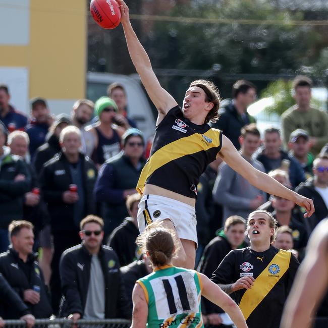 Tom Lovell of Mitcham stood tall in the ruck. Picture: George Salpigtidis