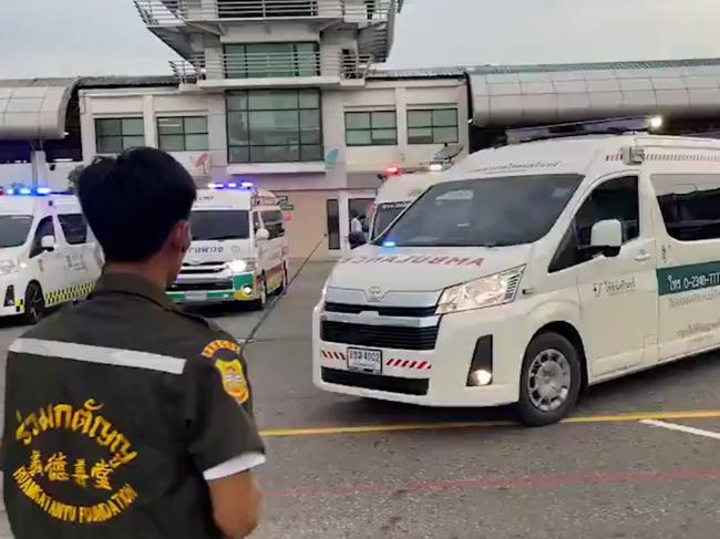 An ambulance arrives at Bangkok airport after one person was died and multiple people were injured on a Singapore Airlines flight that experienced “severe turbulence”. Picture: Twitter