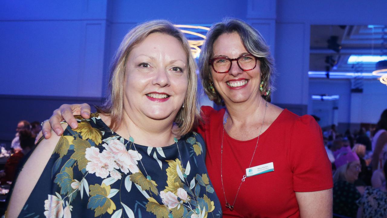 Janet Hamilton and Mica Martin at the Cairns Chamber of Commerce Christmas lunch, held at the Pullman International hotel. Picture: Catherine Duffy