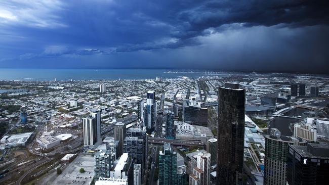 The view from Eureka Tower as the storm descends on Melbourne. Picture: Norm Oorloff