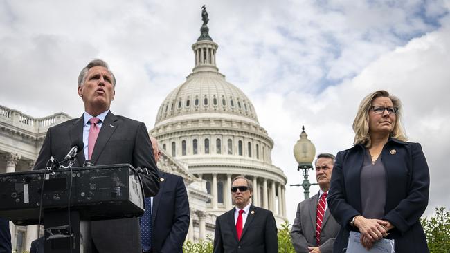 House minority leader Kevin McCarthy and Liz Cheney outside the US Capitol in Washington. Picture: AFP