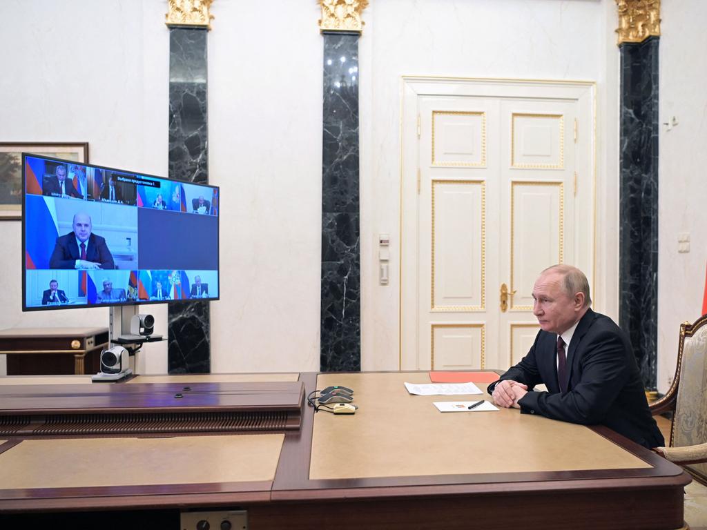 Russian President Vladimir Putin appeared via a video link in Moscow. Picture: AFP