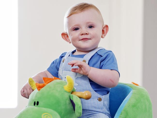 EXCLUSIVE DAILY TELEGRAPH - 27.2.25 **DO NOT USE WITHOUT SPEAKING TO NICOLA AMOROS**9mth old Flynn Christy pictured with his mum Marina Forde in their home today. Flynn has a rare cancer called Infantile Fibrosarcoma but it is under control with a new wonder drug. Picture: Sam Ruttyn