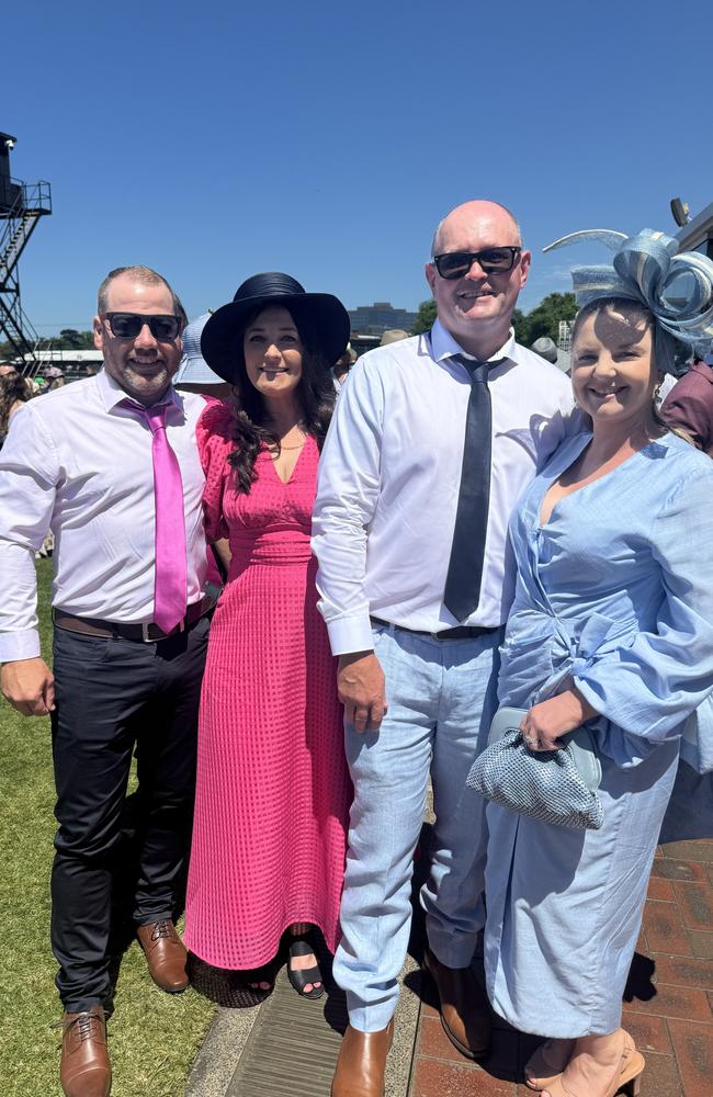 Shannon Lee, Tristen Bembrick, Michael Skinner and Kelly Skinner at the Melbourne Cup at Flemington Racecourse on November 5, 2024. Picture: Phillippa Butt