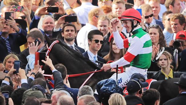 Damian Lane returns to scale on Lys Gracieux after a dominant Cox Plate win. Pic: Getty Images