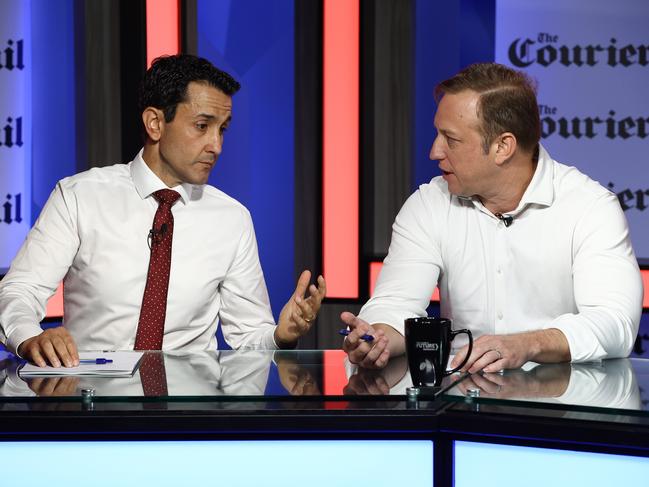 Premier Steven Miles (right) with Opposition Leader David Crisafulli on Tuesday. Picture: David Clark