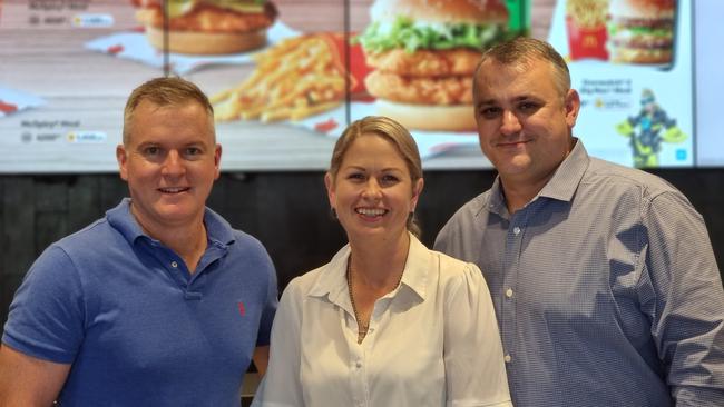 McDonald's Ayr franchisee Paul Rissman. Mr Rissman started working at the fast-food restaurant as a crew member and now owns and operates nine Maccas outlets. He is pictured with Rachael Kratzmann, Marketing Manager for McDonald’s restaurants in North Queensland, and Mat Taylor, Supervisor at McDonald’s Ayr. Both started their careers at McDonald's Ayr. Picture: Supplied