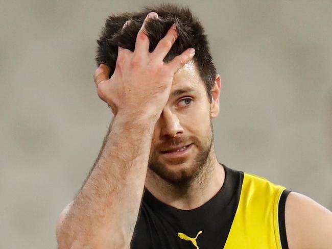 MELBOURNE, AUSTRALIA - JUNE 18: Trent Cotchin of the Tigers looks dejected after a loss during the 2020 AFL Round 03 match between the Richmond Tigers and the Hawthorn Hawks at the Melbourne Cricket Ground on June 18, 2020 in Melbourne, Australia. (Photo by Michael Willson/AFL Photos via Getty Images)