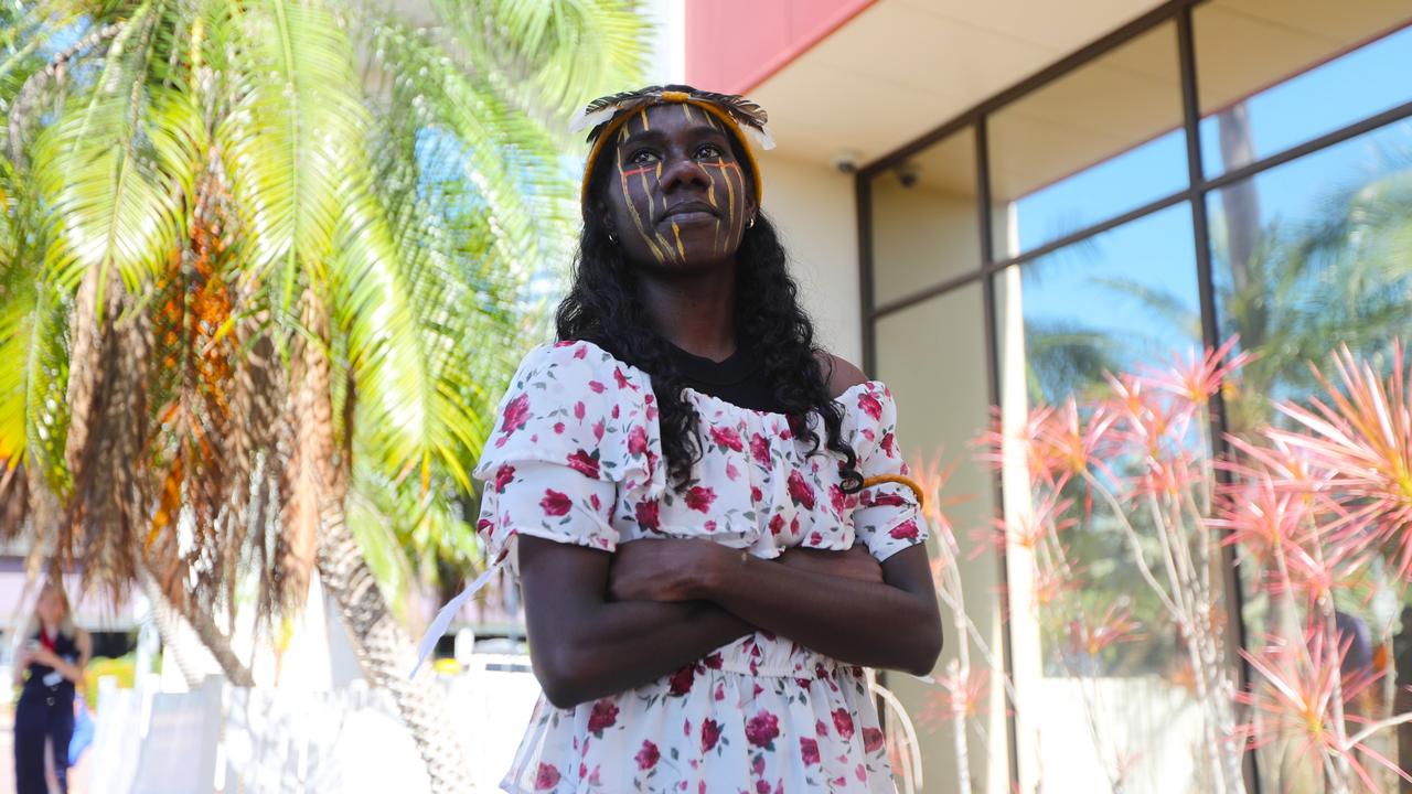 Munupi family members of 47-year-old Pukumani Alimankinni performed her Jorrigjorringa (kookaburra) song outside Darwin Local Court following her death in care coronial, on April 24, 2024. Picture: Zizi Averill