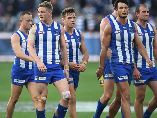 A patched-up Jack Ziebell who cut his knees open on the GMHBA Stadium fence.